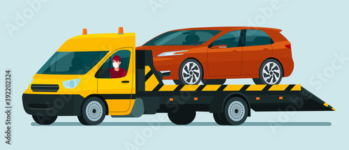 Tow truck with a driver in medical mask carries a hatchback car. Vector flat style illustration.