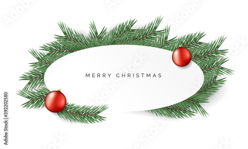 Christmas frame with fir branches and christmas balls. Vector background with christmas decoration.