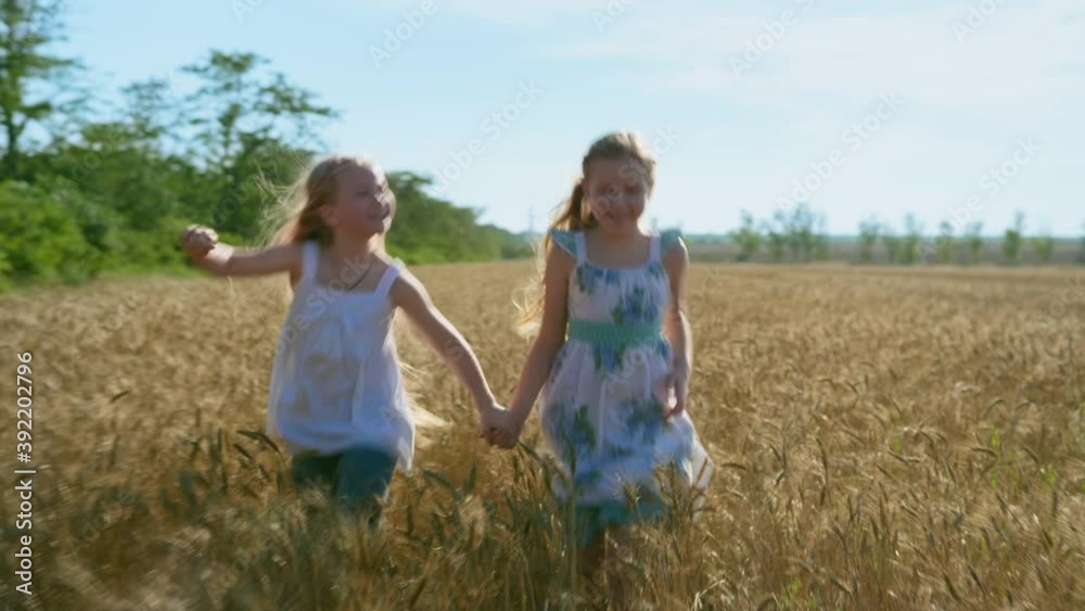 happy weekend, smiling active girlfriends with long hair run across wheat field on the background of blue sky in slow motion happy weekend, smiling active girlfriends with long hair run across wheat field on the background of blue sky in slow motion