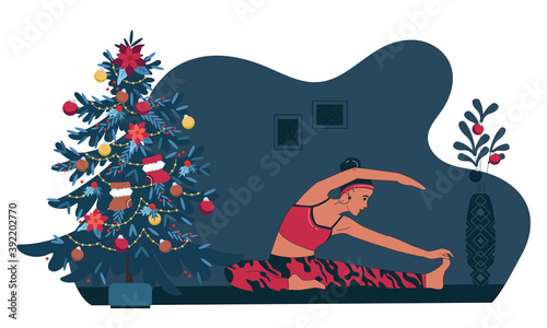 Girl doing stretching at home. Young woman doing yoga workout in room. New year time or christmas period. Vector illustration