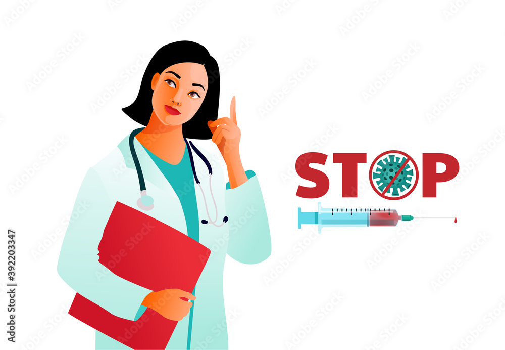 COVID-19 Virus Vaccine poster. Doctor pointing at the syringe. Injection, prevention, immunization, cure and treatment for coronavirus infection, COVID-19 Virus. COVID-19 Virus Vaccine poster. Doctor pointing at the syringe. Injection, prevention, immunization, cure and treatment for coronavirus infection, COVID-19 Virus.