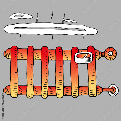 Hot radiator in the room. Vector illustration sizzling hot heating radiator with temperature knob and steam.