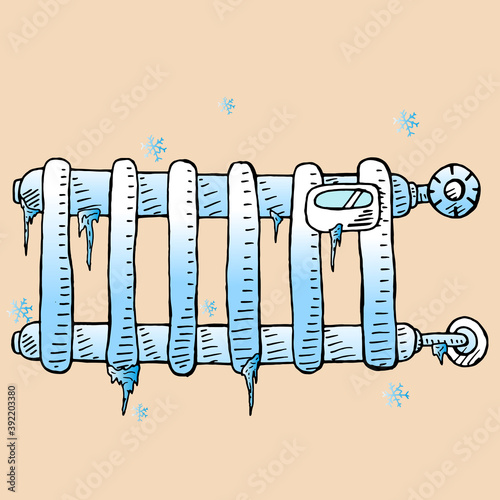 Radiator icon. Vector illustration frozen heating radiator with temperature knob. Cold radiator in the room.