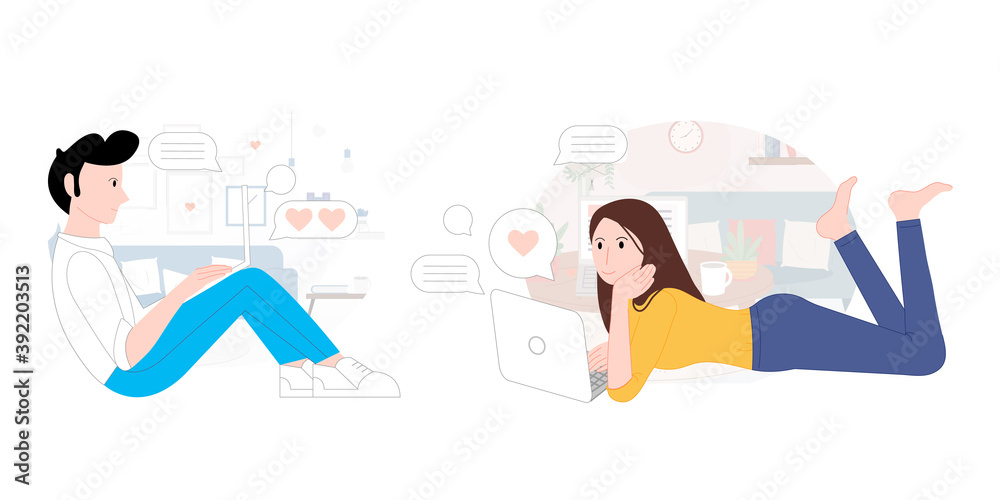 Man and girl chat in laptop vector illustration cartoon flat design modern style Man and girl chat in laptop vector illustration cartoon flat design modern style