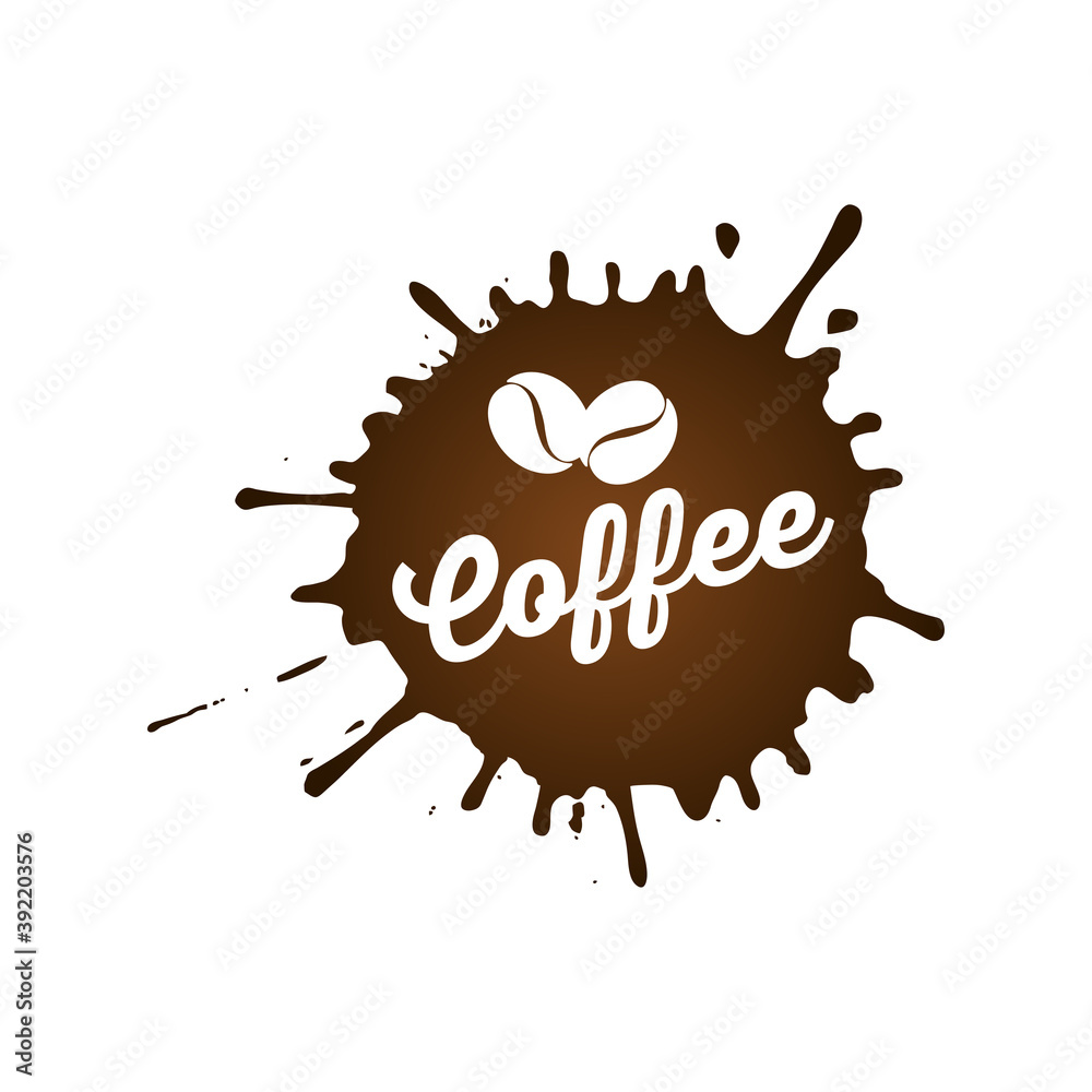 Logotipo con tipografía Coffee con granos de café en salpicadura de líquido en color marrón