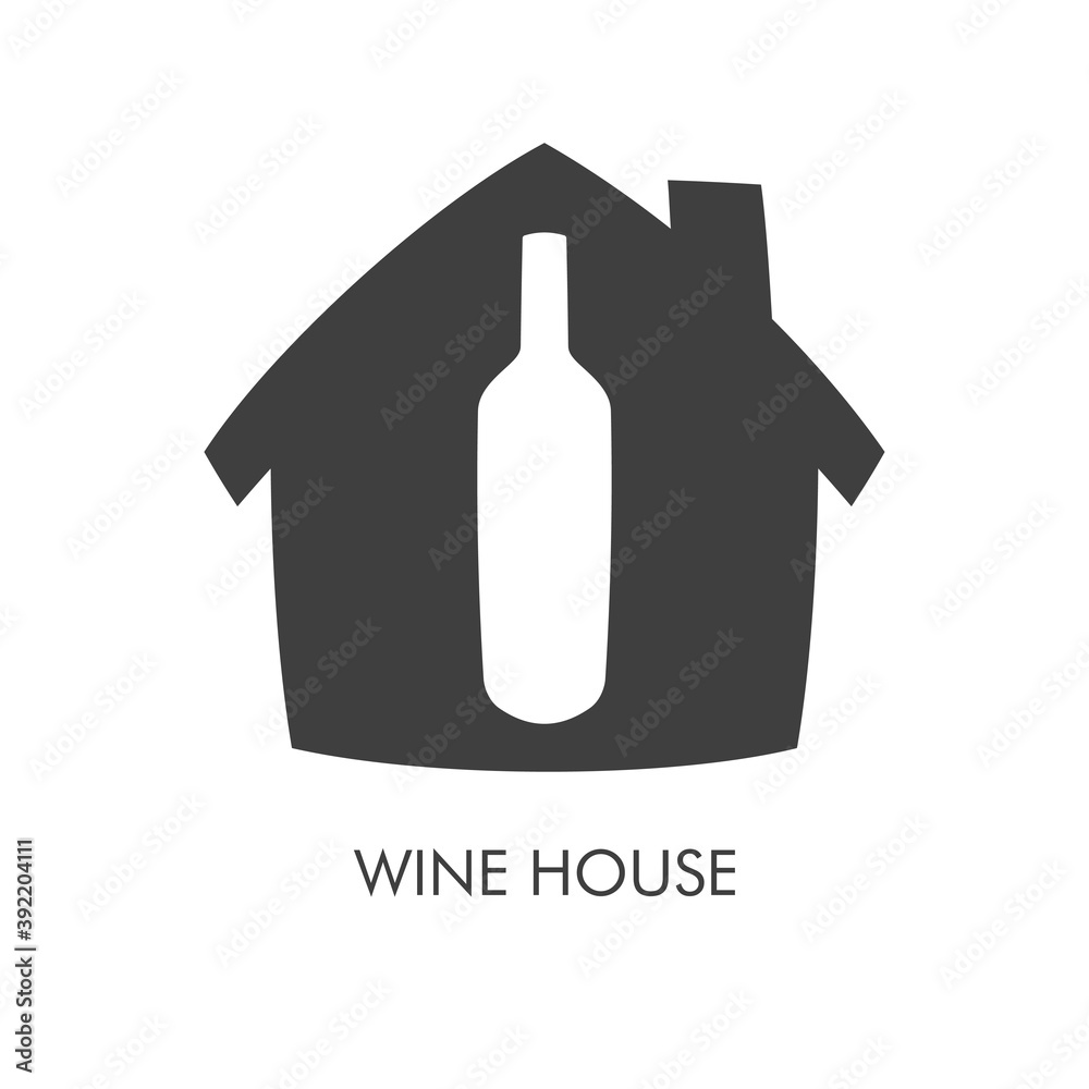 Logotipo con texto Wine House con silueta de botella de vino en casa en color gris Logotipo con texto Wine House con silueta de botella de vino en casa en color gris