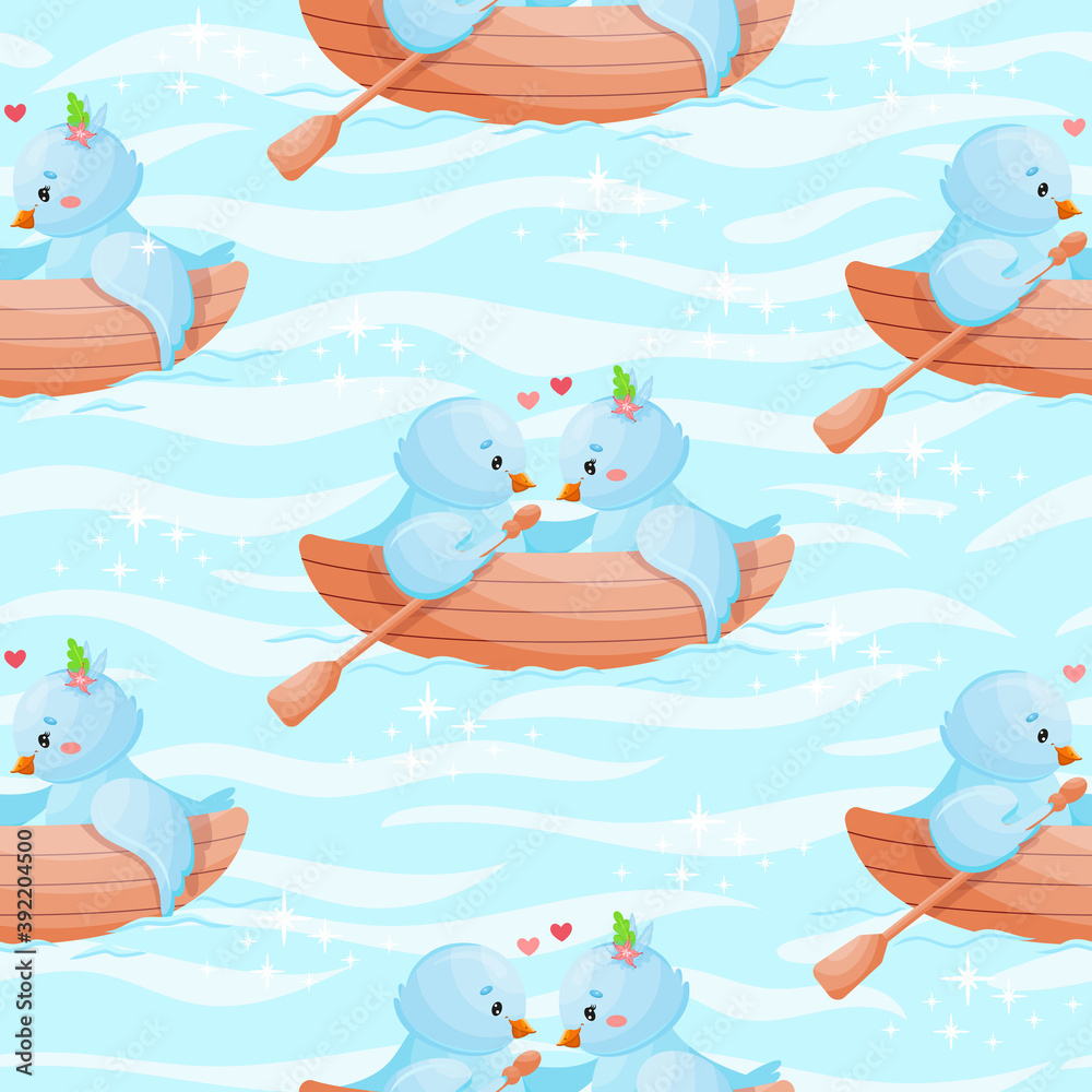 Obraz premium Romantic blue birds couple in a love boat seamless pattern. 