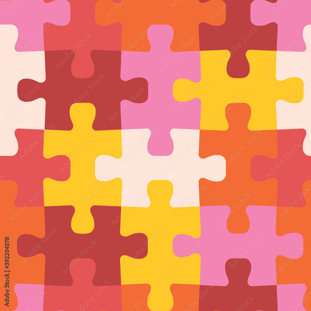 Seamless decorative vector background with puzzle pieces. Repeating background pink, red, orange, yellow. Fabric, kids wear, wrapping, wallpaper. Vector illustration. Seamless decorative vector background with puzzle pieces. Repeating background pink, red, orange, yellow. Fabric, kids wear, wrapping, wallpaper. Vector illustration.