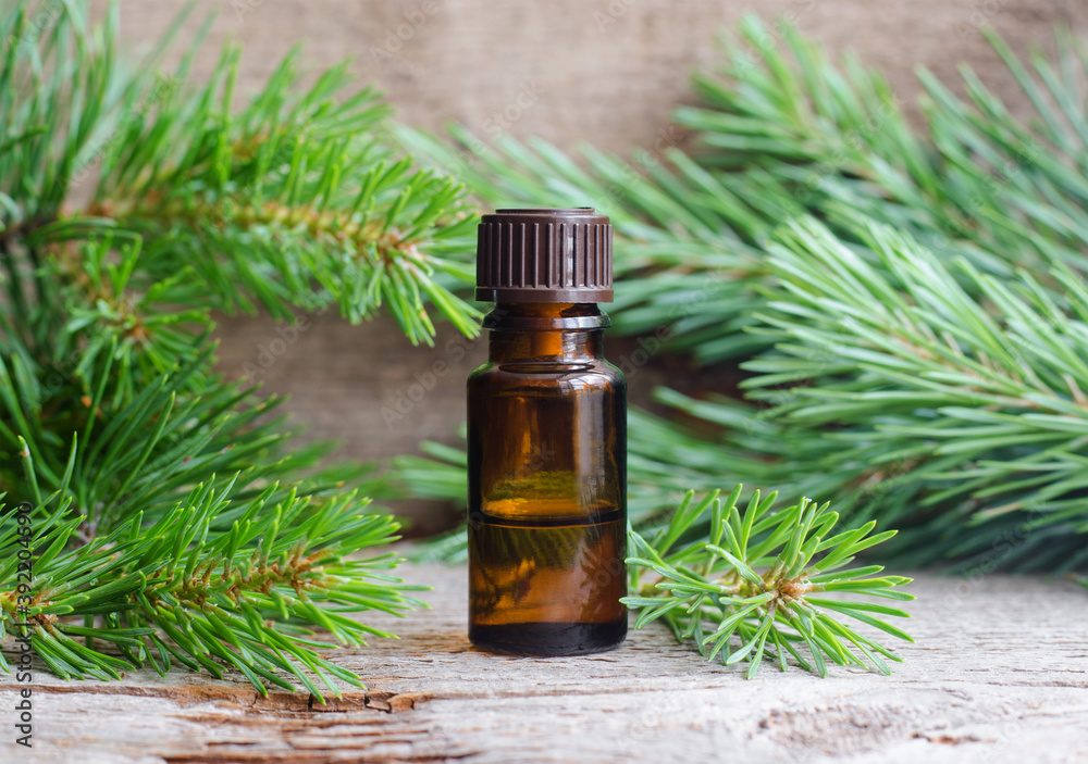 Small bottle with essential pine oil (extract, tincture, infusion). Old wooden background. Aromatherapy, spa and herbal medicine concept. Copy space. Small bottle with essential pine oil (extract, tincture, infusion). Old wooden background. Aromatherapy, spa and herbal medicine concept. Copy space.