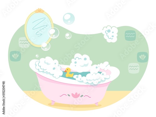 Childish bathroom modern interior design background. Washing in bath with soap, foam, toy duck and flying bubbles, mirror on wall. Everyday routine at home vector illustration