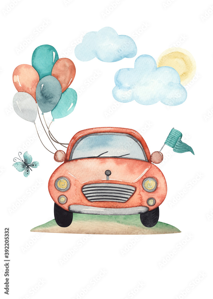 Fototapeta Watercolor children composition with urban and public land transport