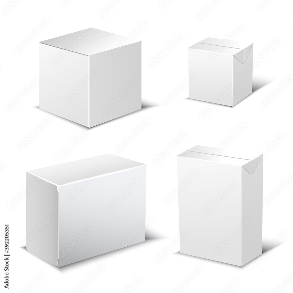 Set of four realistic white package Box. Design elements for online delivery layout. Vector Set of four realistic white package Box. Design elements for online delivery layout. Vector