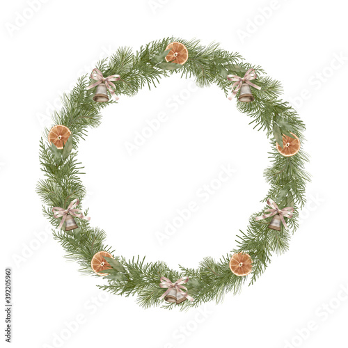 Christmas Boho Wood Wreath With Pine Branches, Bells And Orange Slices