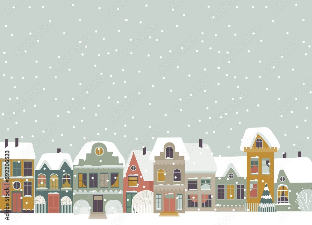 Cute cartoon little town in Christmas time