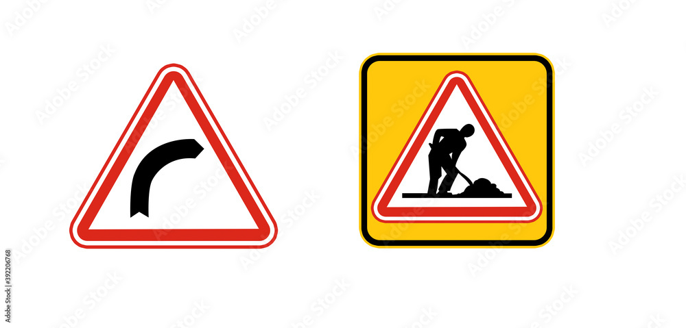 Traffic signs. Men at work. Turn right Traffic signs. Men at work. Turn right