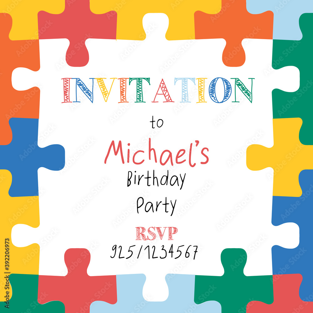 Puzzle pieces border frame. Square kids invitation template. Hand drawn vector illustration for children decor, kids party invite, birthday invitation. Editable greeting card design. Puzzle pieces border frame. Square kids invitation template. Hand drawn vector illustration for children decor, kids party invite, birthday invitation. Editable greeting card design.