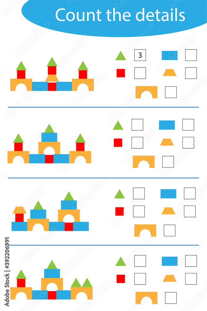 Count the details, colorful geometric shapes for children, fun education game for kids, preschool worksheet activity, task for the development of logical thinking, vector illustration