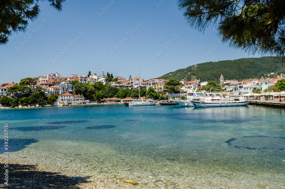 Evia island, Greece - June 28. 2020: Panorama of the tourist island of Skiathos in Greece