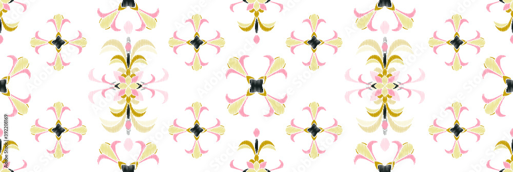 Obraz premium Colorful Ikat ornamentel seamless pattern for textile, wallpaper, card or wrapping paper. Tile for surface design.