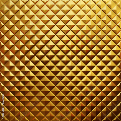 Abstract golden geometric triangular low poly background. Gold geometric aluminum background. Gold metal 3d pyramid pattern and texture. 3d rendering.