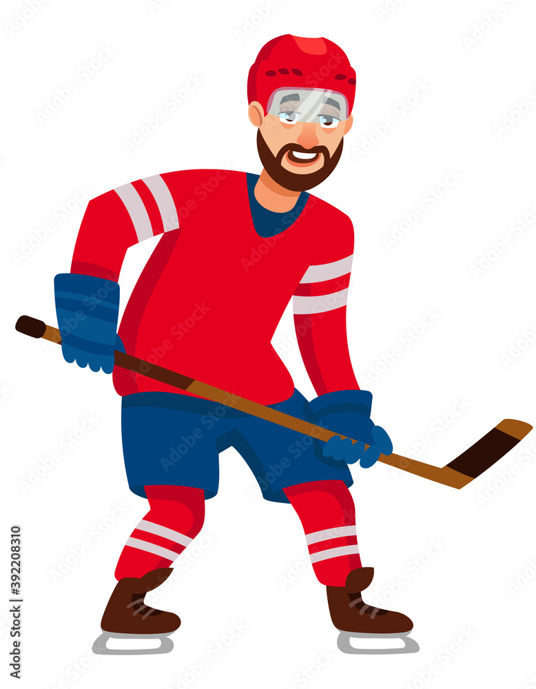 Hockey player in attacking position. Male person in cartoon style.