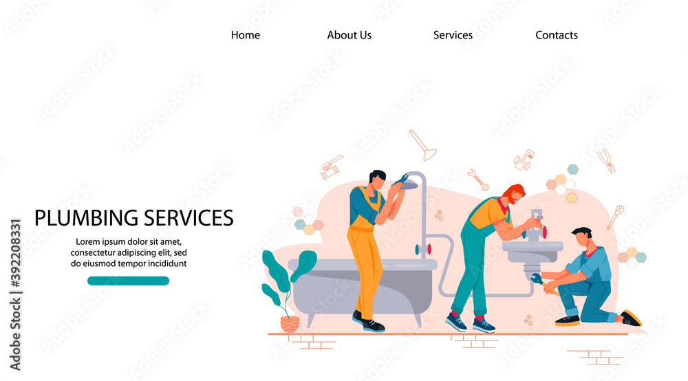 Plumbing website page template with plumbers team characters working with pipeline, flat vector illustration. Emergency service of water supply and sewerage.