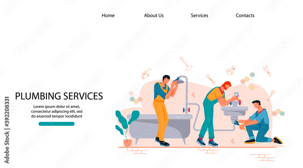 Plumbing website page template with plumbers team characters working with pipeline, flat vector illustration. Emergency service of water supply and sewerage. Plumbing website page template with plumbers team characters working with pipeline, flat vector illustration. Emergency service of water supply and sewerage.