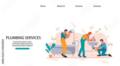 Plumbing website page template with plumbers team characters working with pipeline, flat vector illustration. Emergency service of water supply and sewerage.