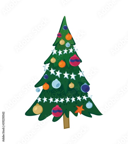 Decorative Christmas tree hand drawn in a flat style on a white background. Symbol of New Year with garlands of stars and colored balls. Decor for poster, card, new yaer`s party. Vector illustration.