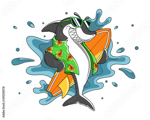 Photography Cool shark in hawaiian shirt with surfing board and water splashes for t-shirt prints, posters and other uses