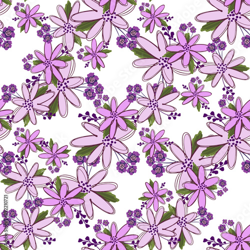 Simple cute floral bouquet vector pattern with small and medium flowers and leaves.