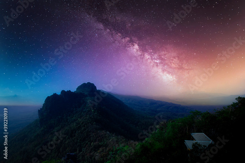 Beautiful panoramic view universe space of colorful milky way galaxy with mountain, Space background with stars on a night sky, Long exposure photograph with grain or noise.