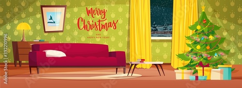 Cozy living room interior decorated for Christmas holidays. Cartoon vector illustration with red sofa, Christmas tree, lamp, window and gifts.