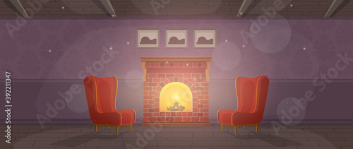 Vintage room with fireplace. Retro room, vintage armchairs, fireplace, fire. Vector.
