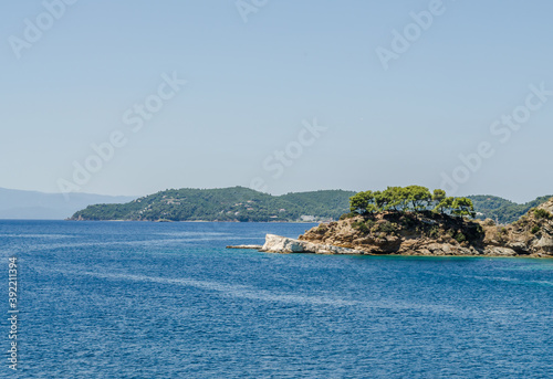 Evia island, Greece - June 28. 2020: Panorama of the tourist island of Skiathos in Greece