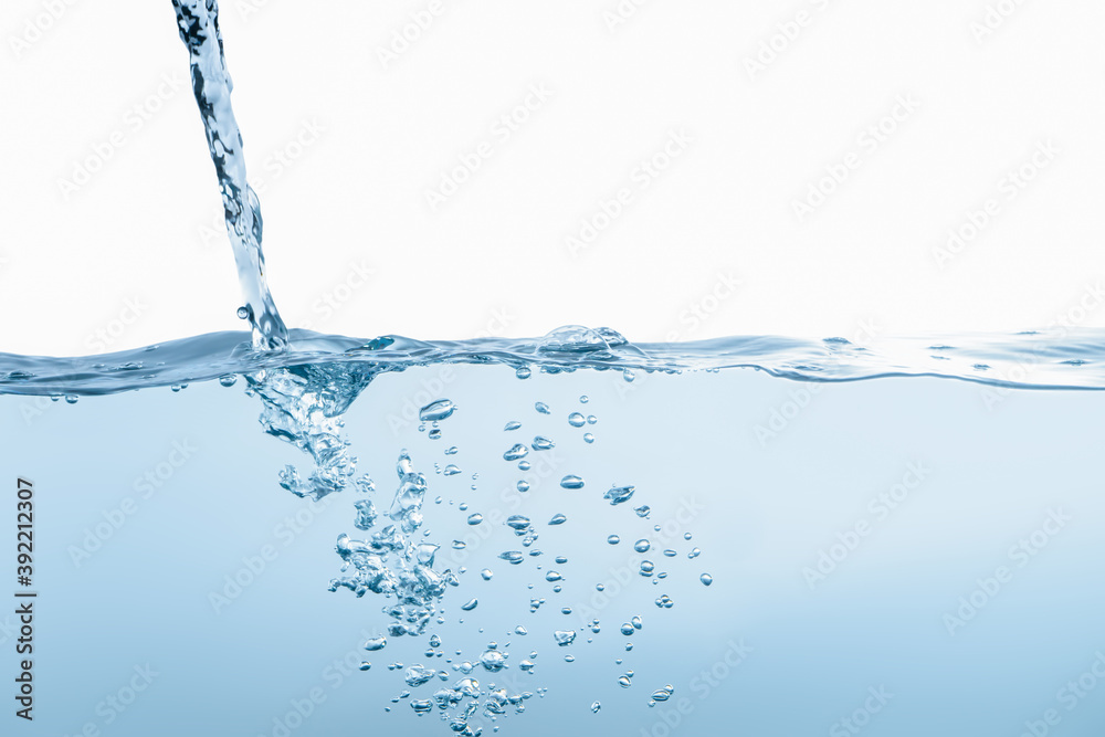 Water splash Aqua flowing in waves and creating bubbles Drops on the water surface feel fresh and clean isolated on white background. Water splash Aqua flowing in waves and creating bubbles Drops on the water surface feel fresh and clean isolated on white background.