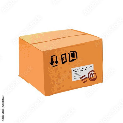 Decorative beige parcel with stamps hand drawn in a flat style on a white background. Box for delivery of goods, gifts, flowers. Element for post, delivery service. Cute cartoon vector illustration.