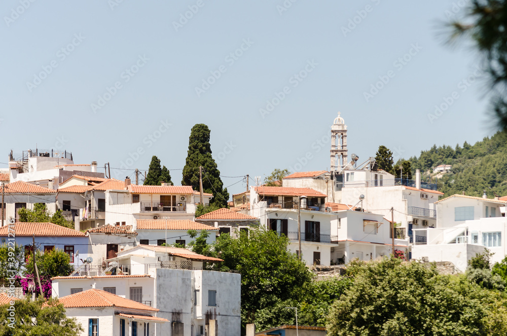 Obraz premium Evia island, Greece - June 28. 2020: Panorama of the tourist island of Skiathos in Greece