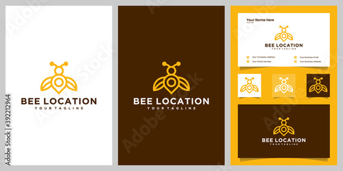 honey bee and location combination logo design template and business card
