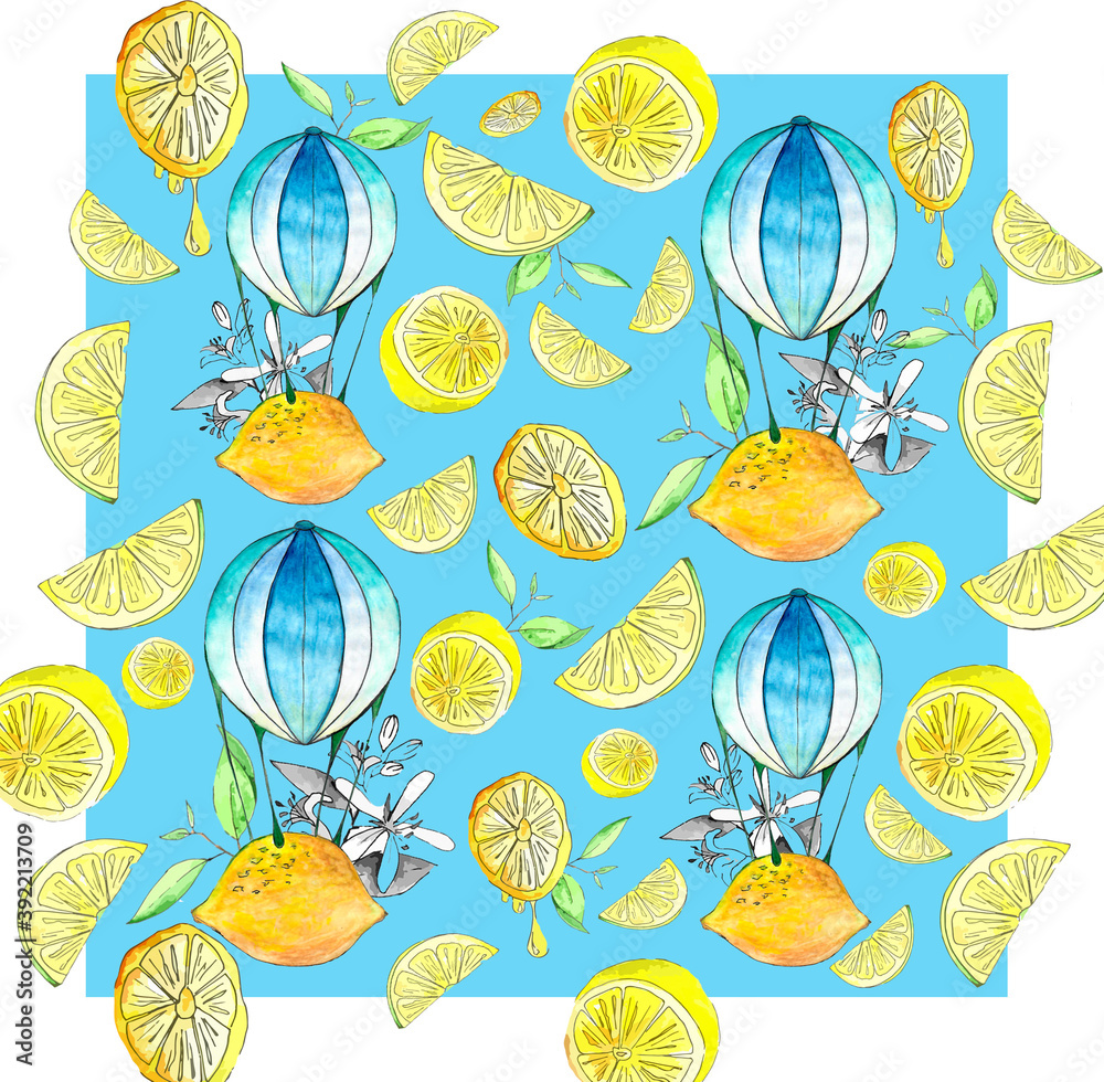 Fototapeta Lemon explosion, balloons, delivery, pattern, background.