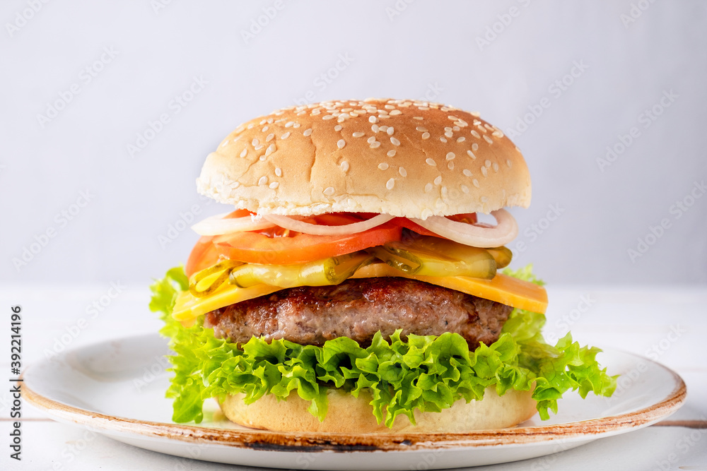 Tasty beef burger with cheese, onion, tomato and lettuce on a plate.