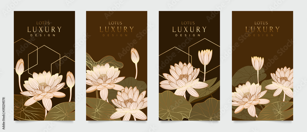 Luxury cover design template. Lotus line arts hand draw gold lotus flower and leaves. Design for packaging design, social media post, cover, banner, creative post, Gold geometric pattern design vector Luxury cover design template. Lotus line arts hand draw gold lotus flower and leaves. Design for packaging design, social media post, cover, banner, creative post, Gold geometric pattern design vector