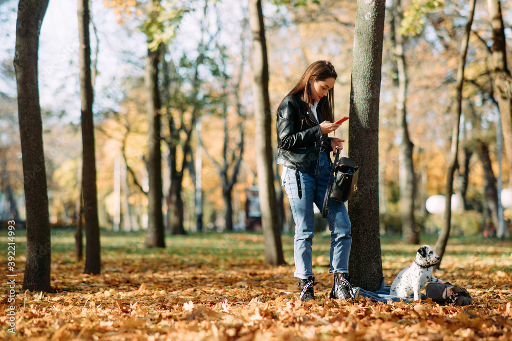 Woman looks in smartphone next to puppy of dalmatian dog in autumn park. Woman looks in smartphone next to puppy of dalmatian dog in autumn park.