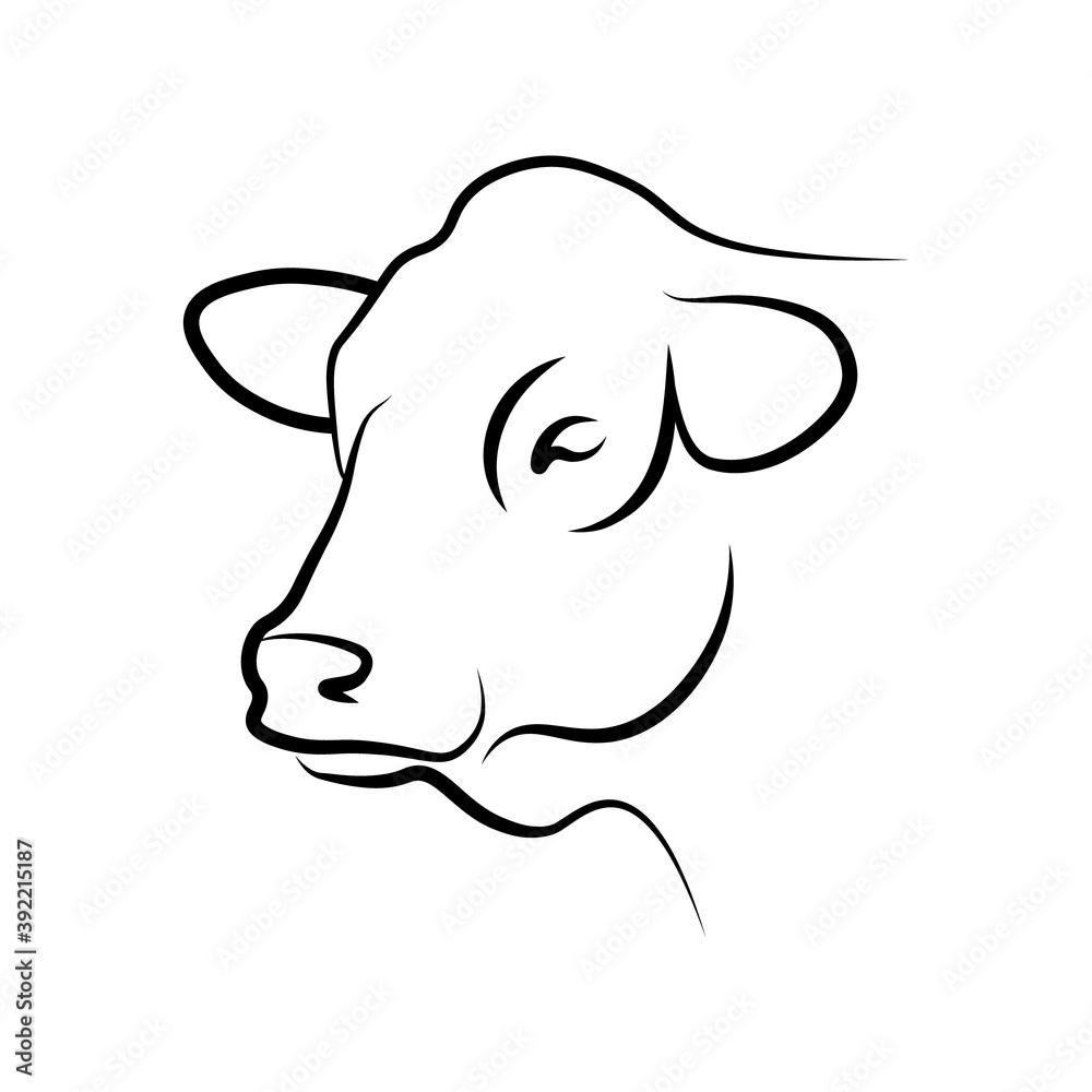 Cow head black line sketch isolated on white background. Vector ...