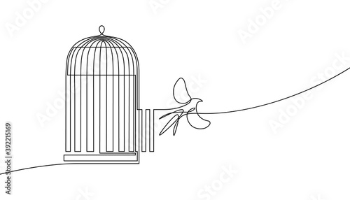 Bird released from birdcage in continuous line art drawing style. Bird flying away from open cage. Rescue, freedom and new opportunities. Minimalist black linear sketch isolated on white background