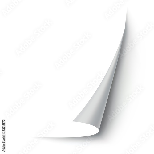 Curled paper corner. Curve page corner, page edge curl and bent paper sheet with realistic shadow. Paper corner fold isolated on white background