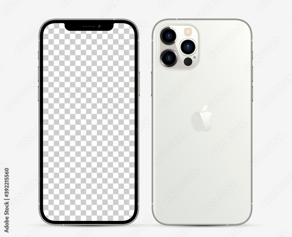 Vecteur Stock MOSCOW, RUSSIA - NOVEMBER 13, 2020: New iPhone 12 pro / pro  max Silver color by Apple Inc. Mock-up screen iphone and back side iphone.  Vector illustration EPS10 | Adobe Stock