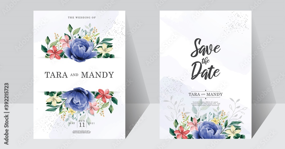 wedding invitation card floral design with hand draw and blue peony flower
