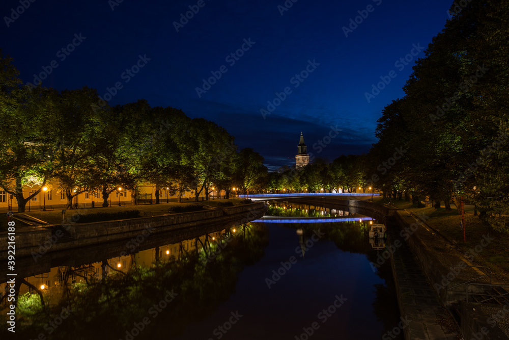 Aura river and Turku Cathedral at night in Finland