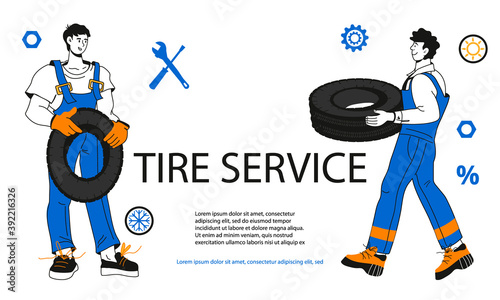 Tire service or car repair garage advertising banner or flyer template with car mechanics cartoon characters. Tire workshop service banner design in simple style flat vector illustration.